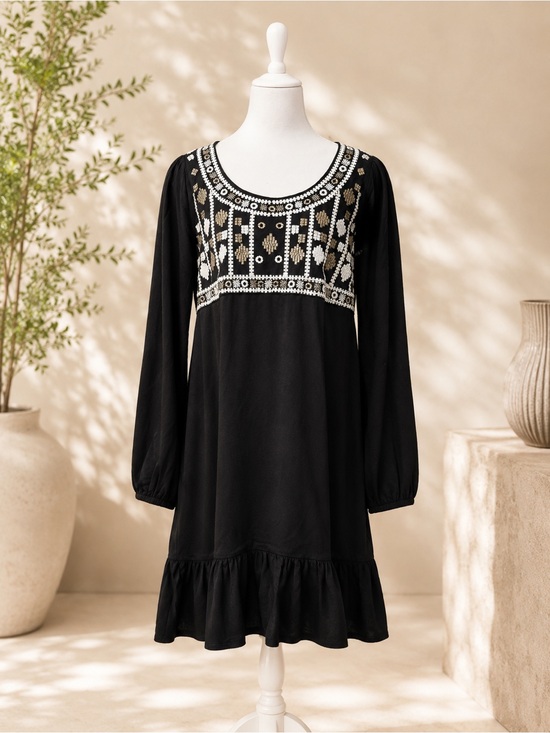 Angie Dresses & Skirts - Angie Black Midi Dress with White & Tan Embroidered Yoke